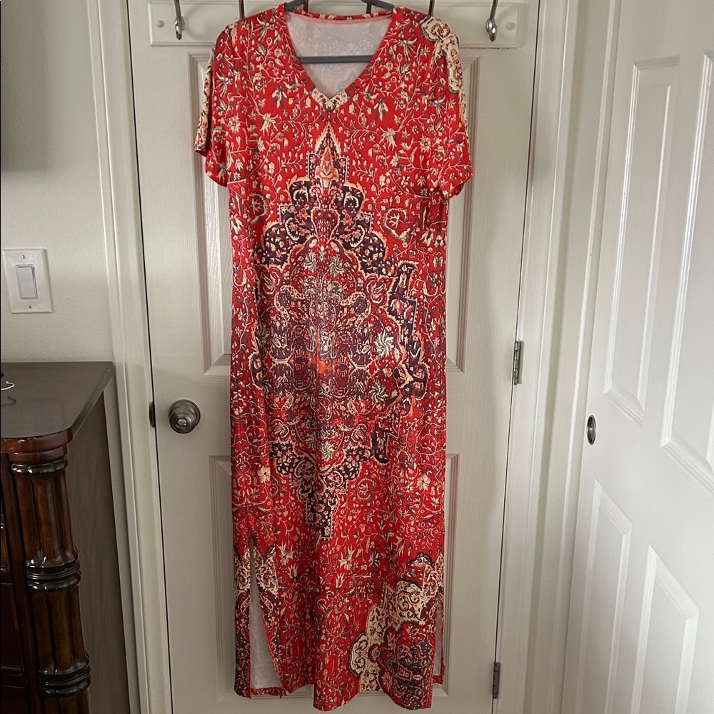 SHEIN Women’s Elegant Orange With Design Maxi Dress, Side Slits, Size XL, NWOT